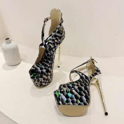 2024 Summer Platform High Heel Sexy Snake Print Peep Toe High Heel