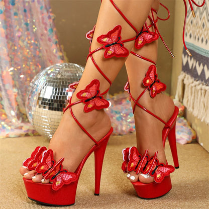 Handmade  Embroidery Butterfly Cross Ankle Strap Open Toe High Heel