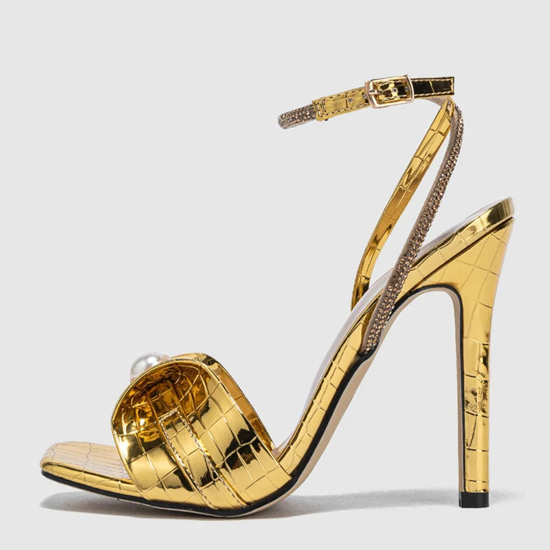 Bold  Sexy Gold Snake Print Leather Square Toe High Heel