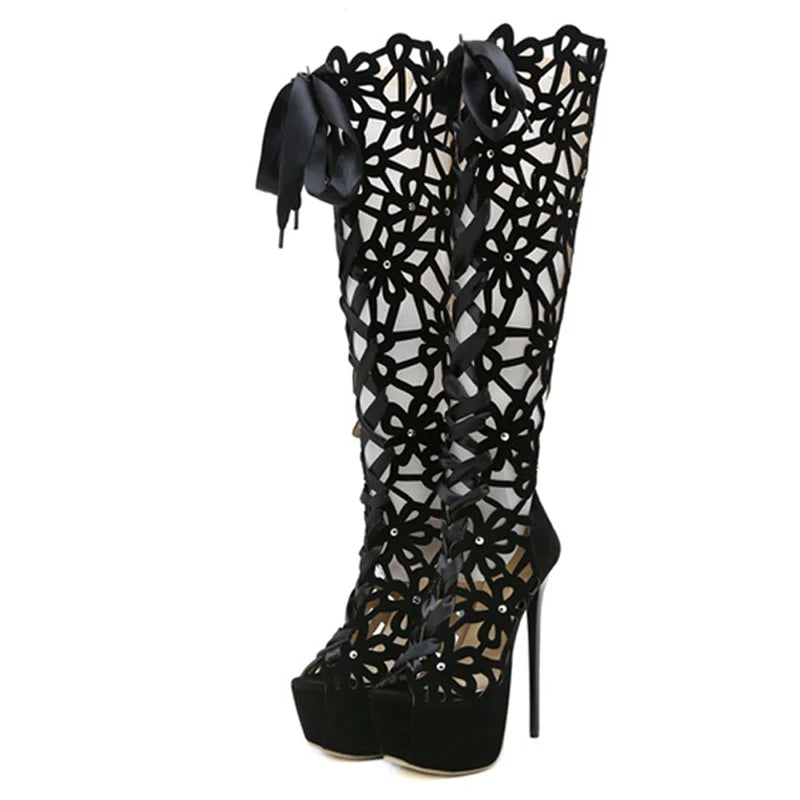 Summer Roma Style Hollow Out Cross Lace-Up Super Thin Heels High Heel