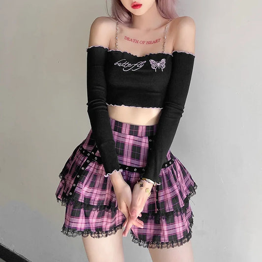 Lolita Cake Gothic Japanese Harajuku Purple Pink Plaid Pleated Skirt