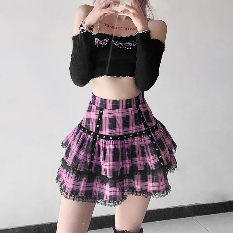 Lolita Cake Gothic Japanese Harajuku Purple Pink Plaid Pleated Skirt