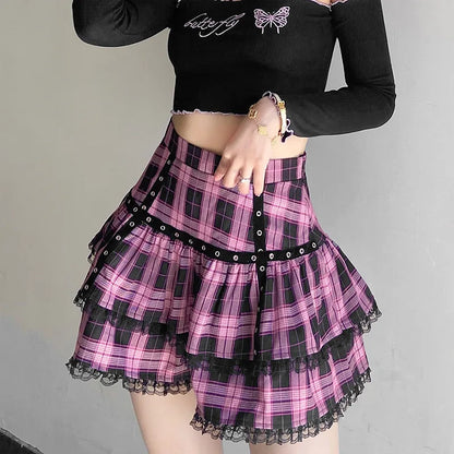 Lolita Cake Gothic Japanese Harajuku Purple Pink Plaid Pleated Skirt