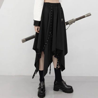 Long Irregular Dark Tie Street Wind Weave Buckle Y2k Skirt