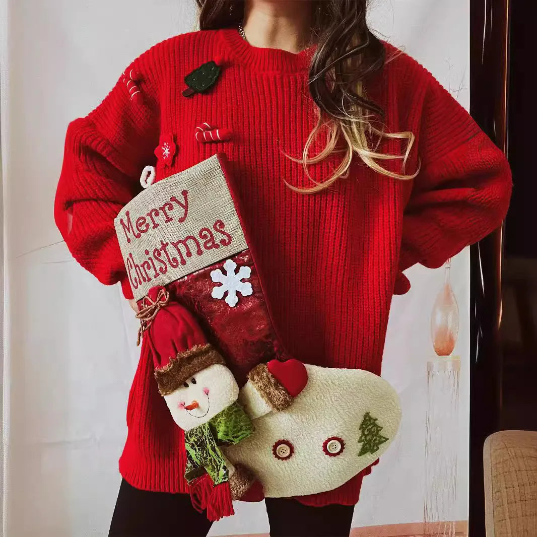 Red Christmas Snowman Doll Pocket Sweater