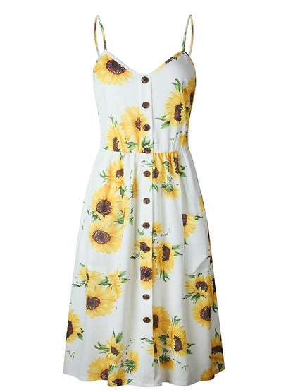 Lossky Sunflower Strapless Button Backless Floral Clothes Midi Dresses