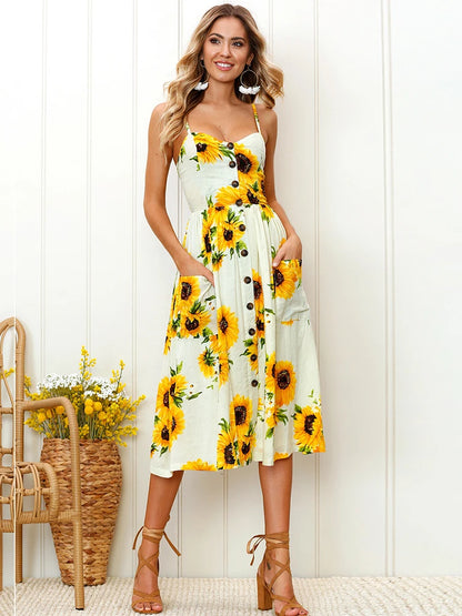 Lossky Sunflower Strapless Button Backless Floral Clothes Midi Dresses