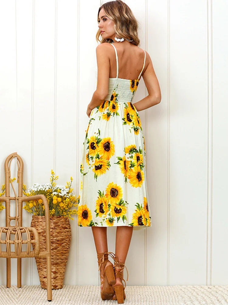 Lossky Sunflower Strapless Button Backless Floral Clothes Midi Dresses