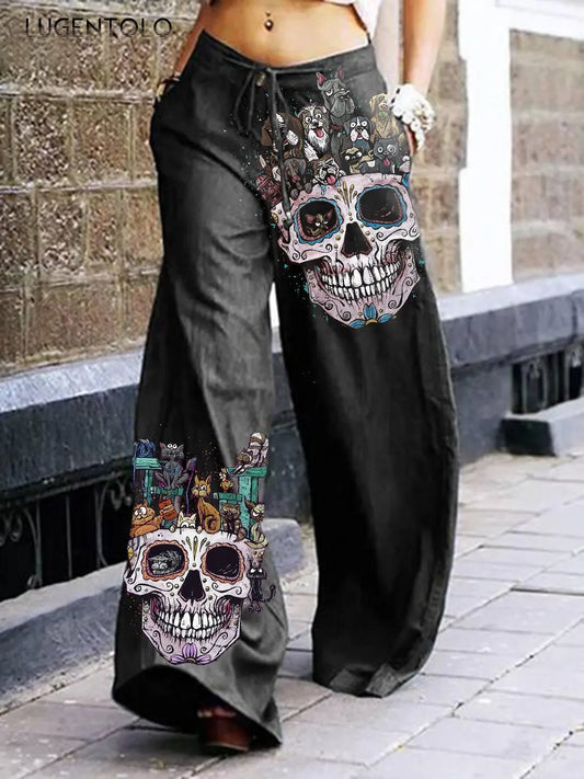 Skull Print Cargo Pants Dark Rock Style Summer Pants