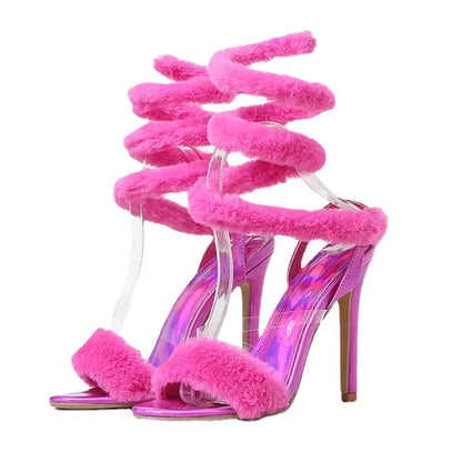 Luxury Furry Fur Decoration Serpentine Winding High Heel Open Toe Ankle Strap High Heel