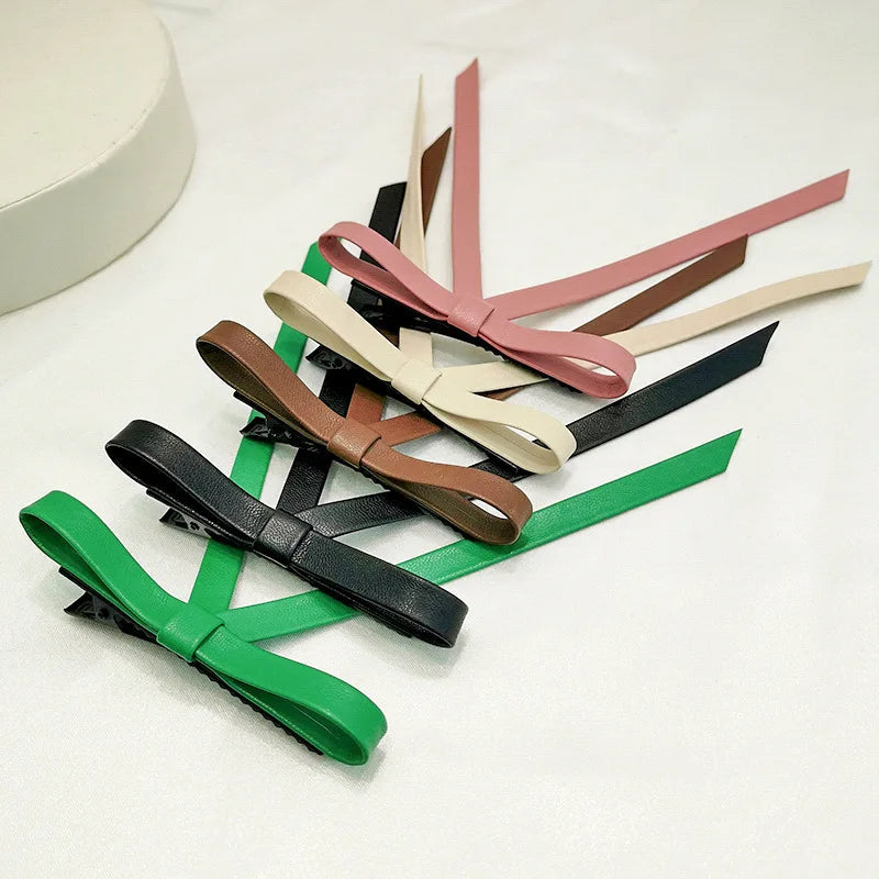 PU Leather Bow Long Ribbon Duckbill Clip Christmas Hair Accessory