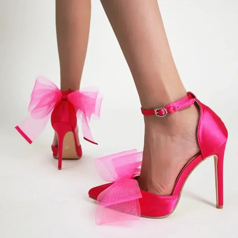 Mesh Butterfly-Knot Pumps Pointed Buckle Strap Thin High Heel Wedding High Heel