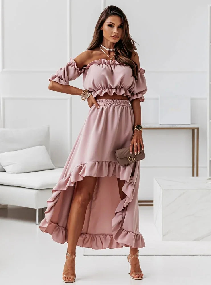 DressBetty - Summer Ruffles Off Shoulder Irregular Long Skirt