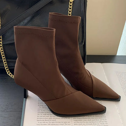 Stretchable Elastic Pointed Toe Heeled Fashion Ankle Boot