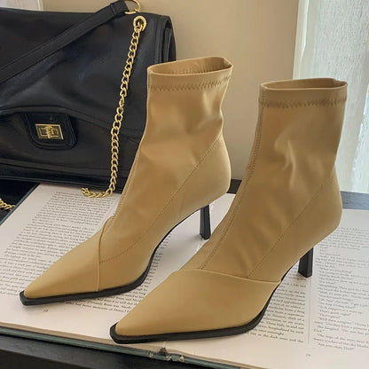 Stretchable Elastic Pointed Toe Heeled Fashion Ankle Boot