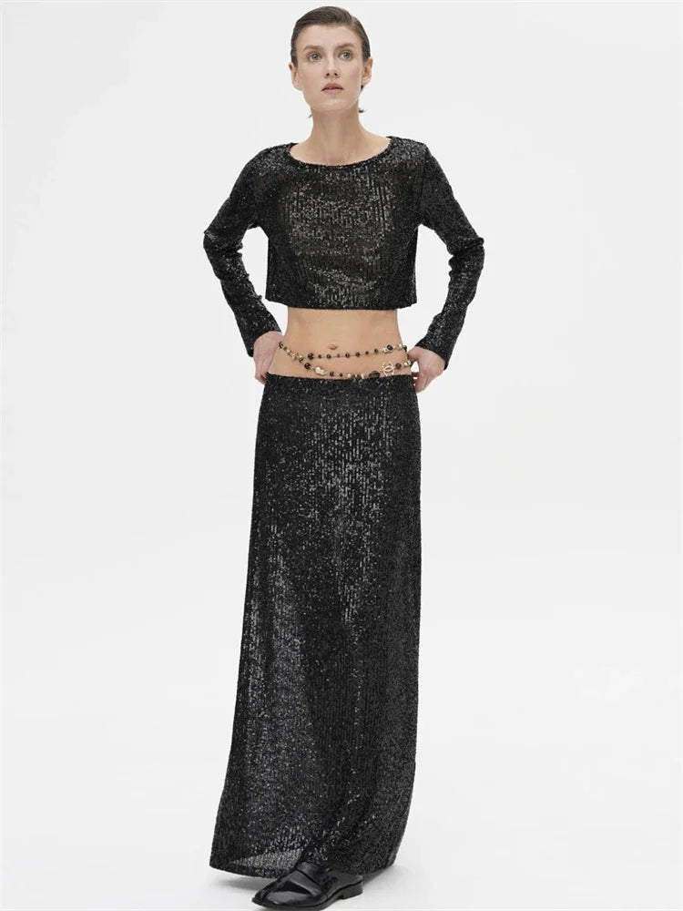 DressBetty - Sequins Loose Crop Maxi Skirt