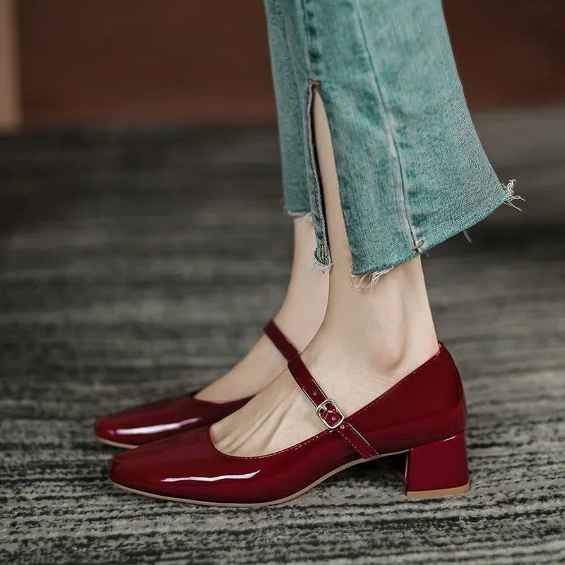 New Red Black Mary Janes High Quality Leather Square Toe Buckle Strap Women's Shoes Low Heel Pumps