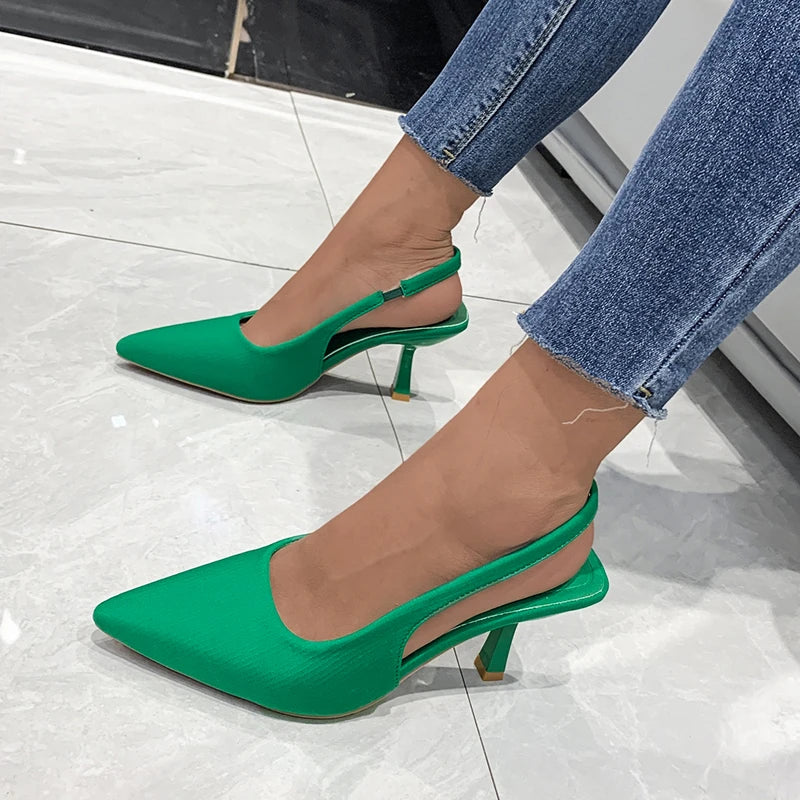 Closed Toe Green Single Thin Mid-heeled Fashion Pointed Plus Size Low Heel Pumps