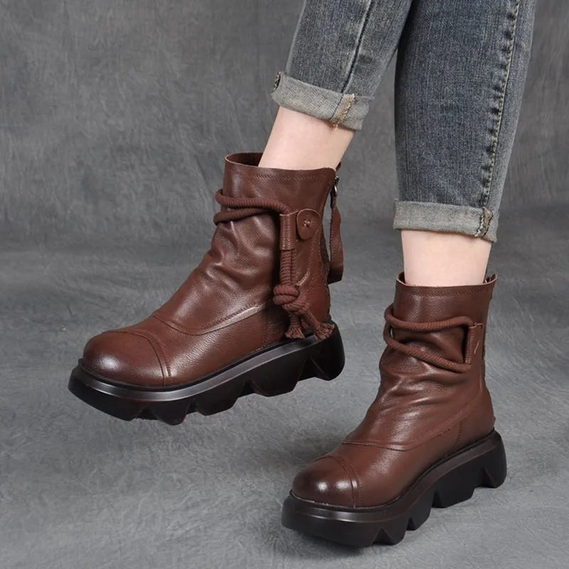 Casual High Top Leather Cowboy Round Toe Lace up Platform Ankle Boot