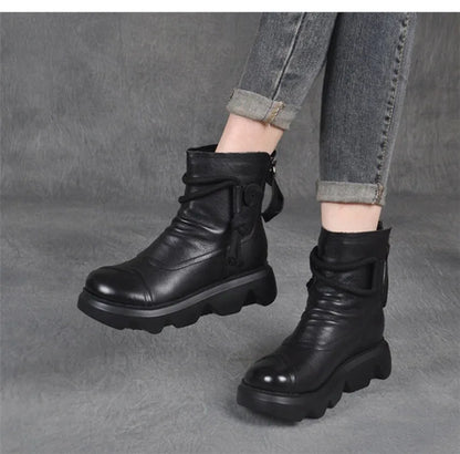 Casual High Top Leather Cowboy Round Toe Lace up Platform Ankle Boot