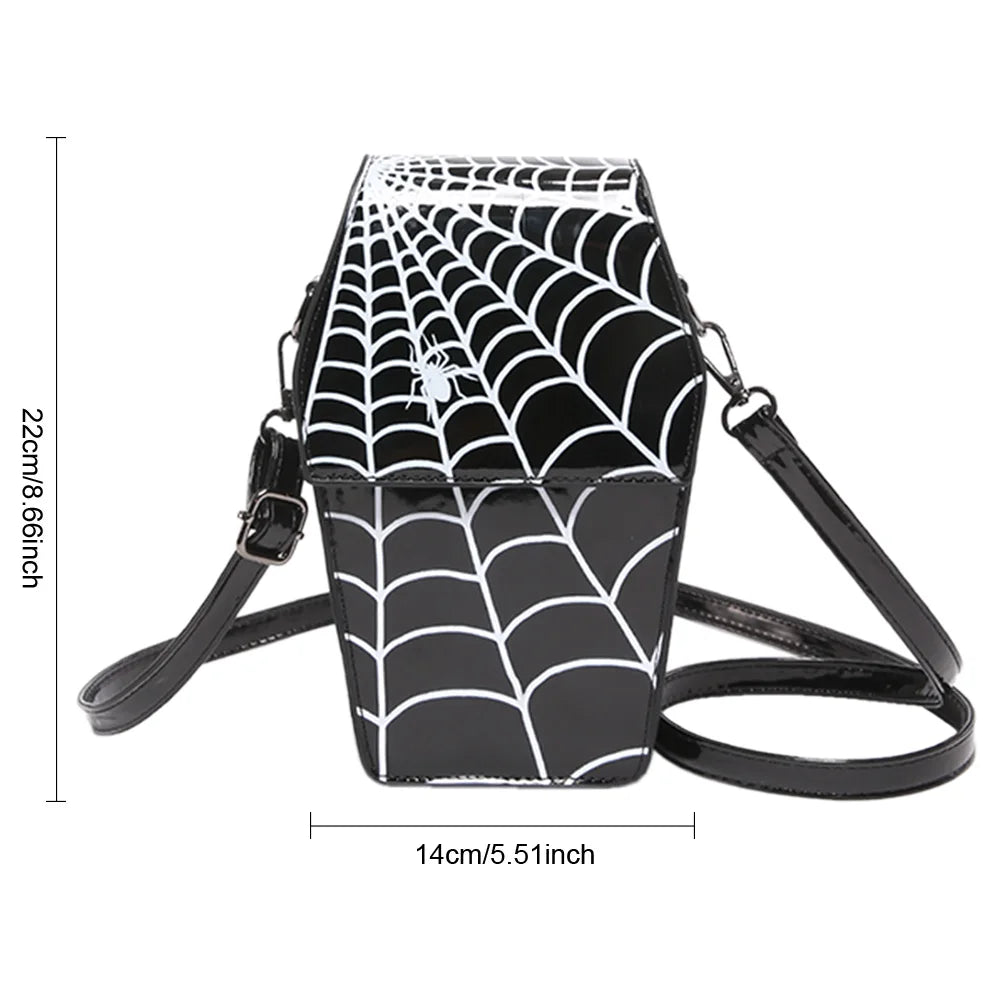 Novelty Halloween Gothic Coffin Shape Spider Web Sling PU Leather Bag