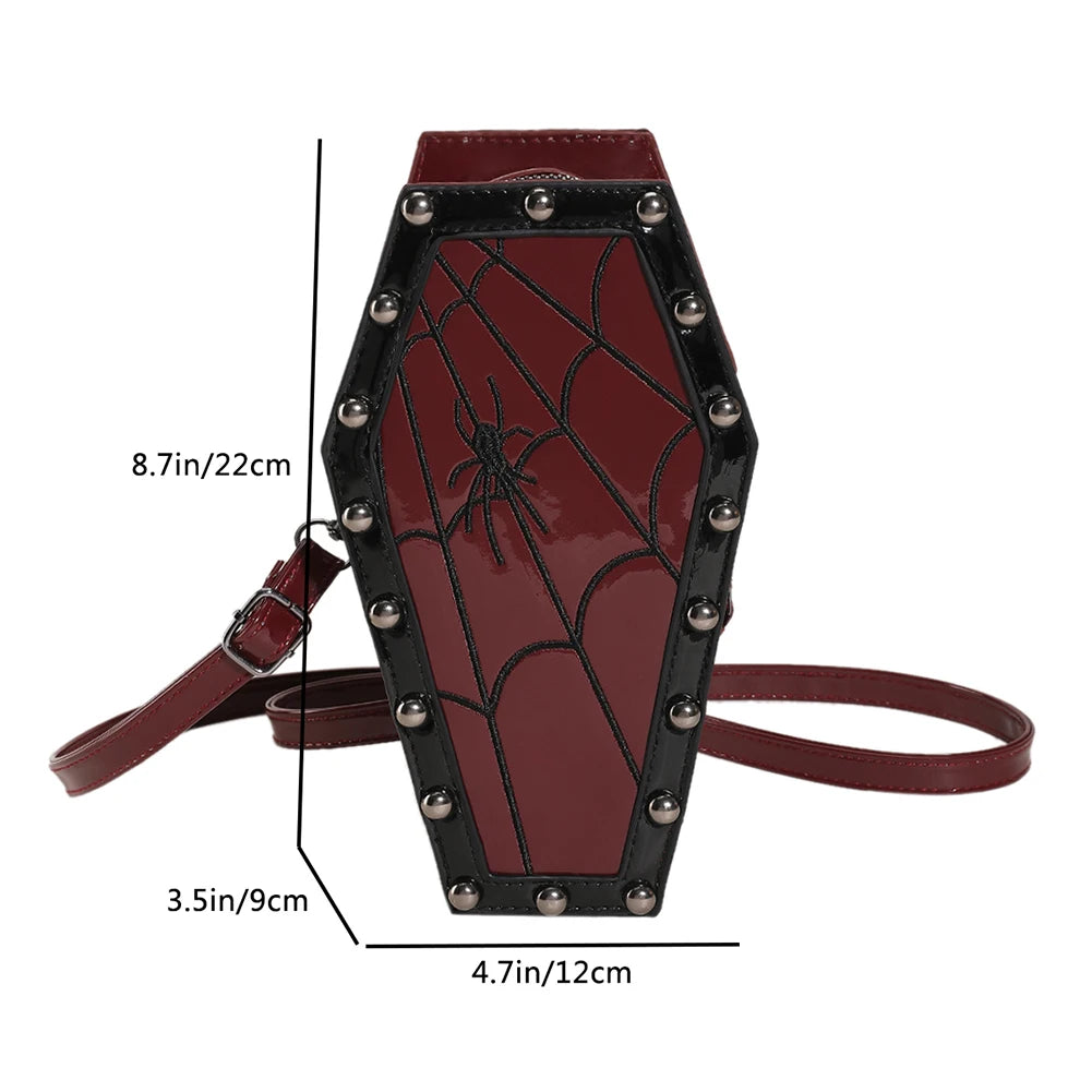 Novelty Halloween Gothic Coffin Shape Spider Web Sling PU Leather Bag