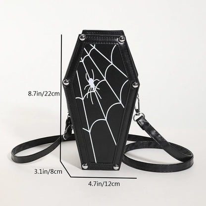 Novelty Halloween Gothic Coffin Shape Spider Web Sling PU Leather Bag