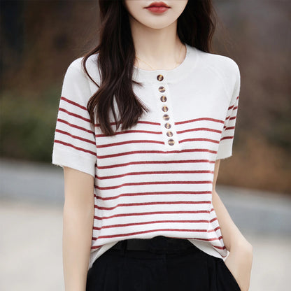 O-Neck Stripe Summer Short Thin Casual Fashion Knit Sweater