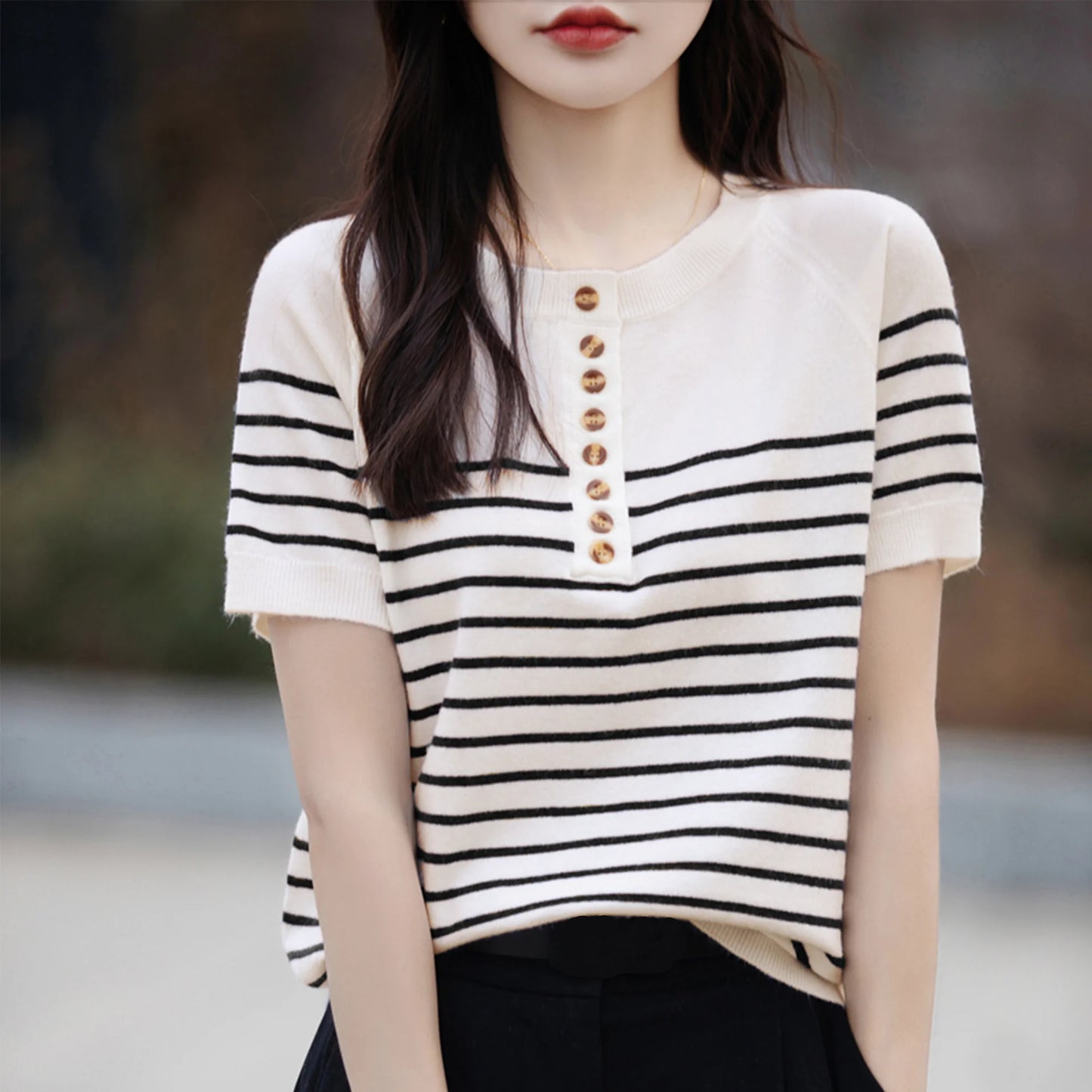 O-Neck Stripe Summer Short Thin Casual Fashion Knit Sweater