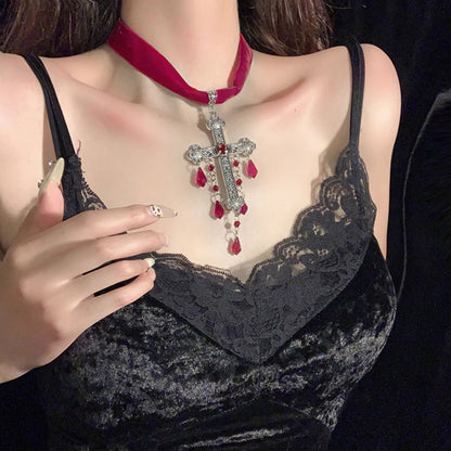 Gothic Cross Blood Drop Tassel Red Velvet Unique Necklace