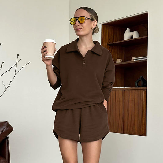 Vintage Chic Brown Relaxed Comfortable Stylish Casual Short-Sleeve Fall Suit