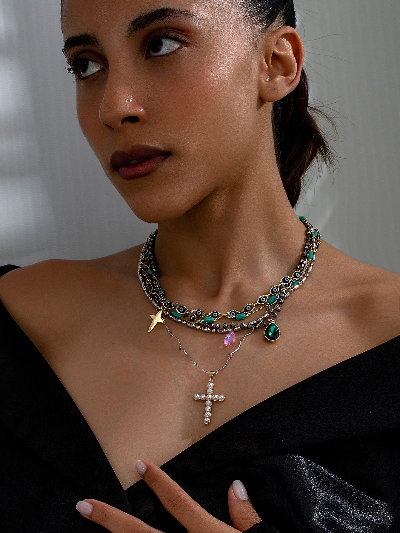 Heavy Layered Cross Imitation Pearl Elegant Necklace