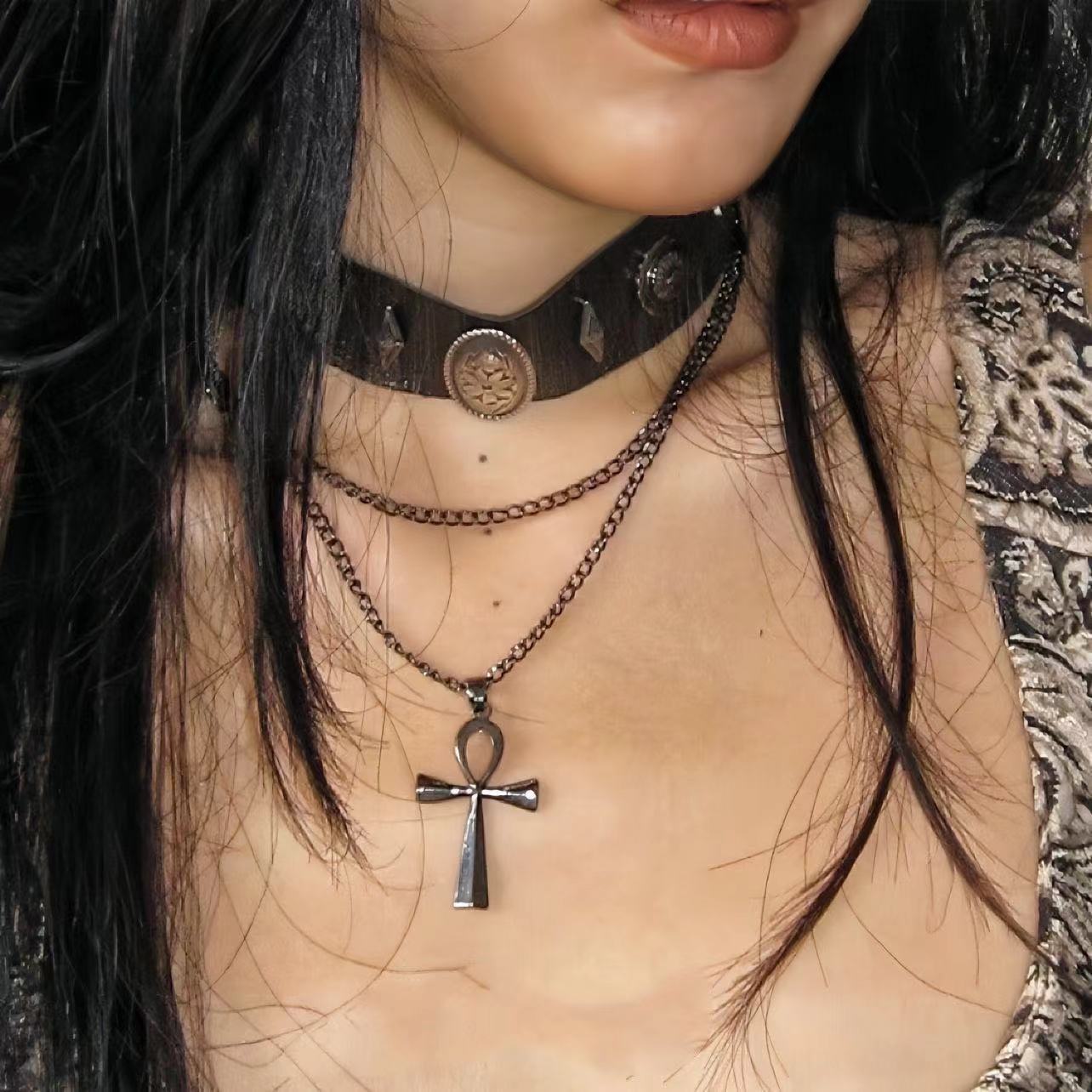 Layered Cross Brown Leather Choker Roman Rivet Punk Versatile Necklace