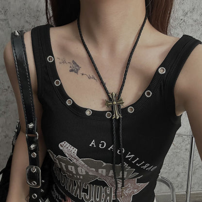 Punk Cross Black Rope Leather Woven Necklace