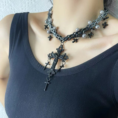 Gothic Sweet Punk Cross Tassel Pearl Hip-hop Necklace