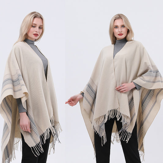 New European-style Simple Fashionable Split Polyester Striped Scarf