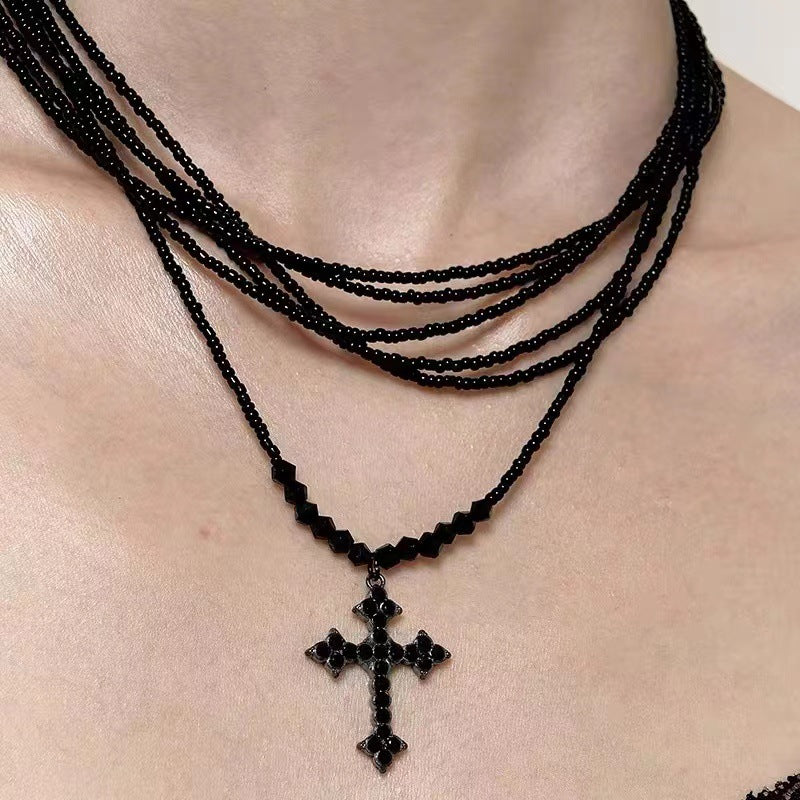 Retro Cross Layered Beaded Sweet Cool Punk Necklace