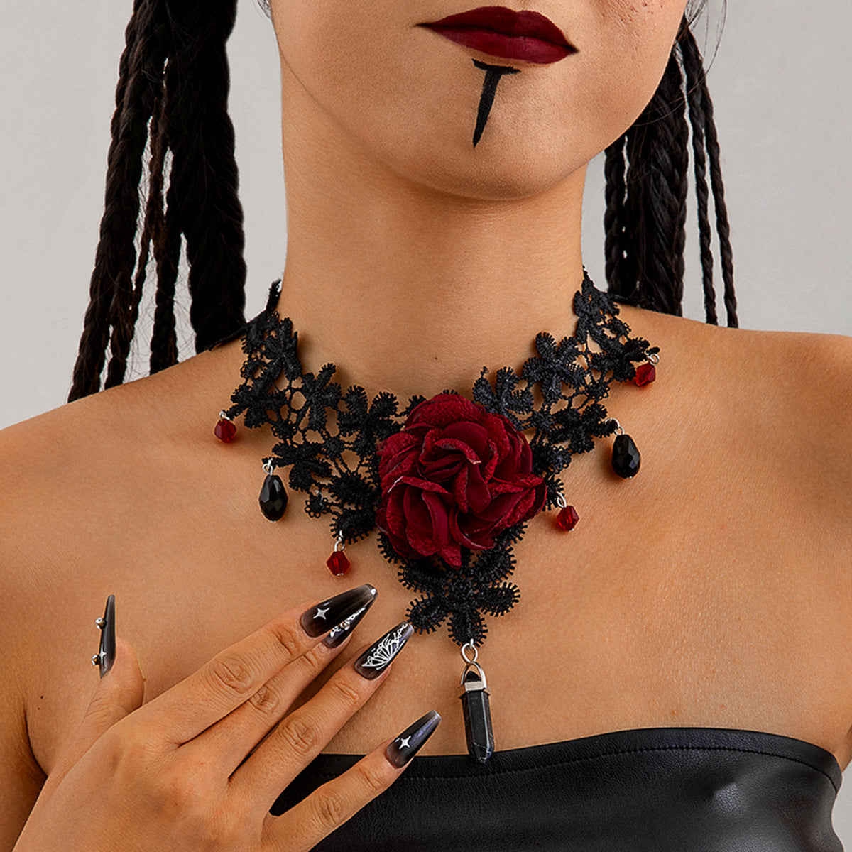 Gothic Red Lace Big Flower Sweet Sexy Geometric Pendant Halloween Necklace