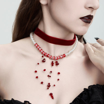 Gothic Pearl Tassel Velvet Halloween Blood Drip Tassel Crystal Choker Necklace