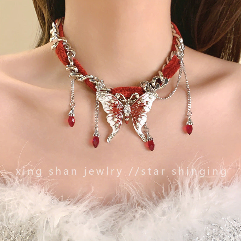 Sweet Cool Red Velvet Butterfly Tassel Gothic Exaggerated Personality Necklace