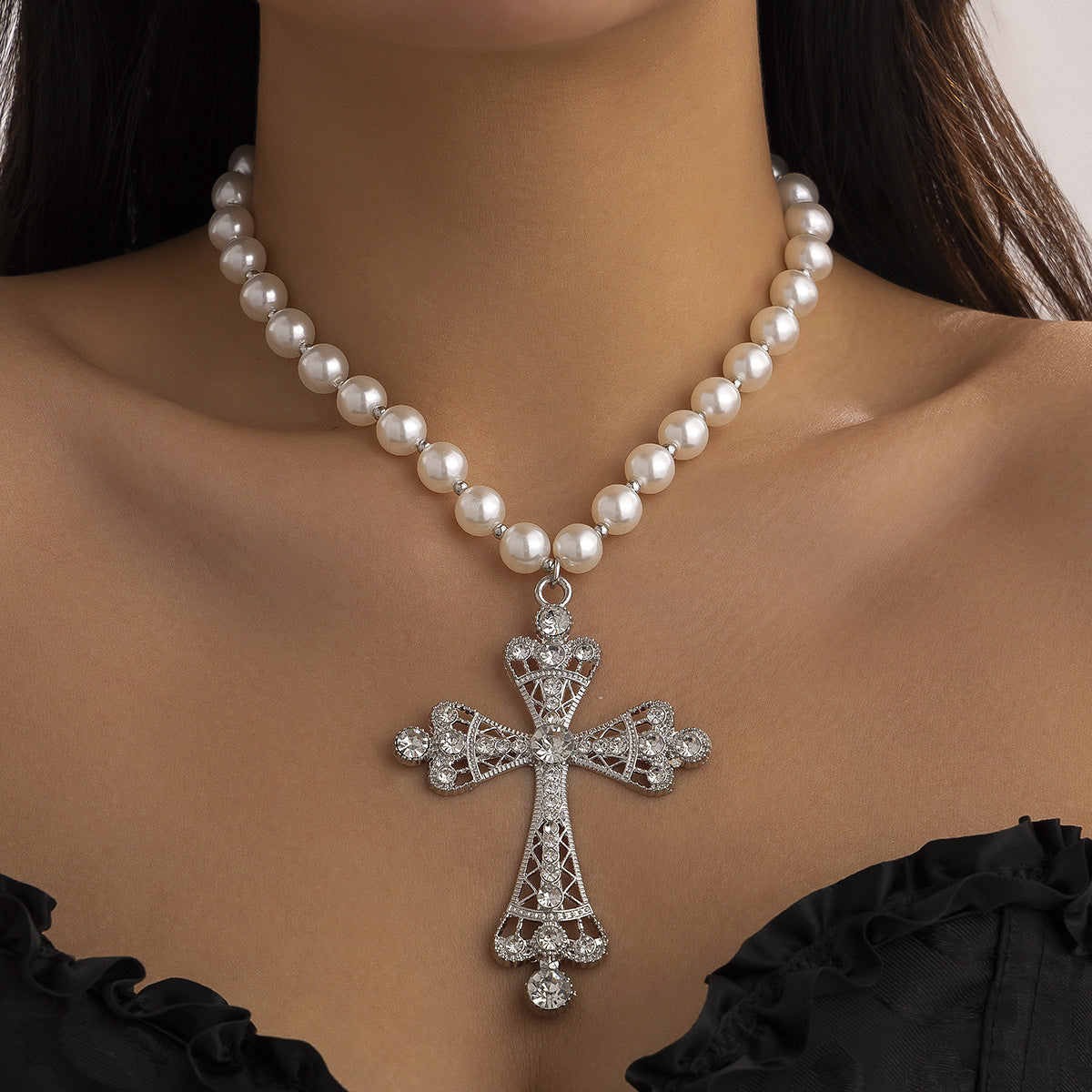 Imitation Pearl Cross Gothic Pendant Necklace