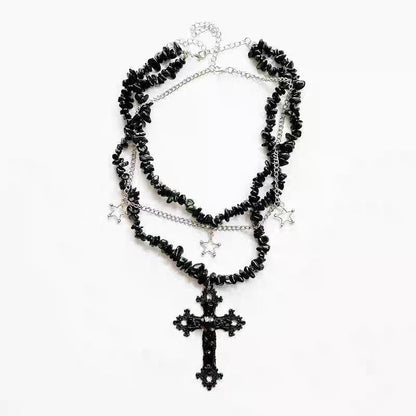 Diamond Cross Star Double Layer Hip-hop Dark Necklace