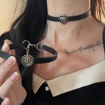 Vintage Distressed Black Leather Choker Necklace