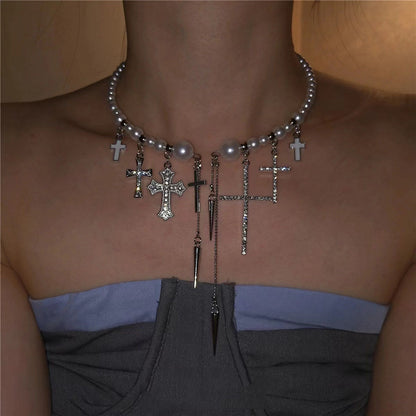 Trendy Cross Rivet Tassel Pearl Beaded High-end Luxury Necklace