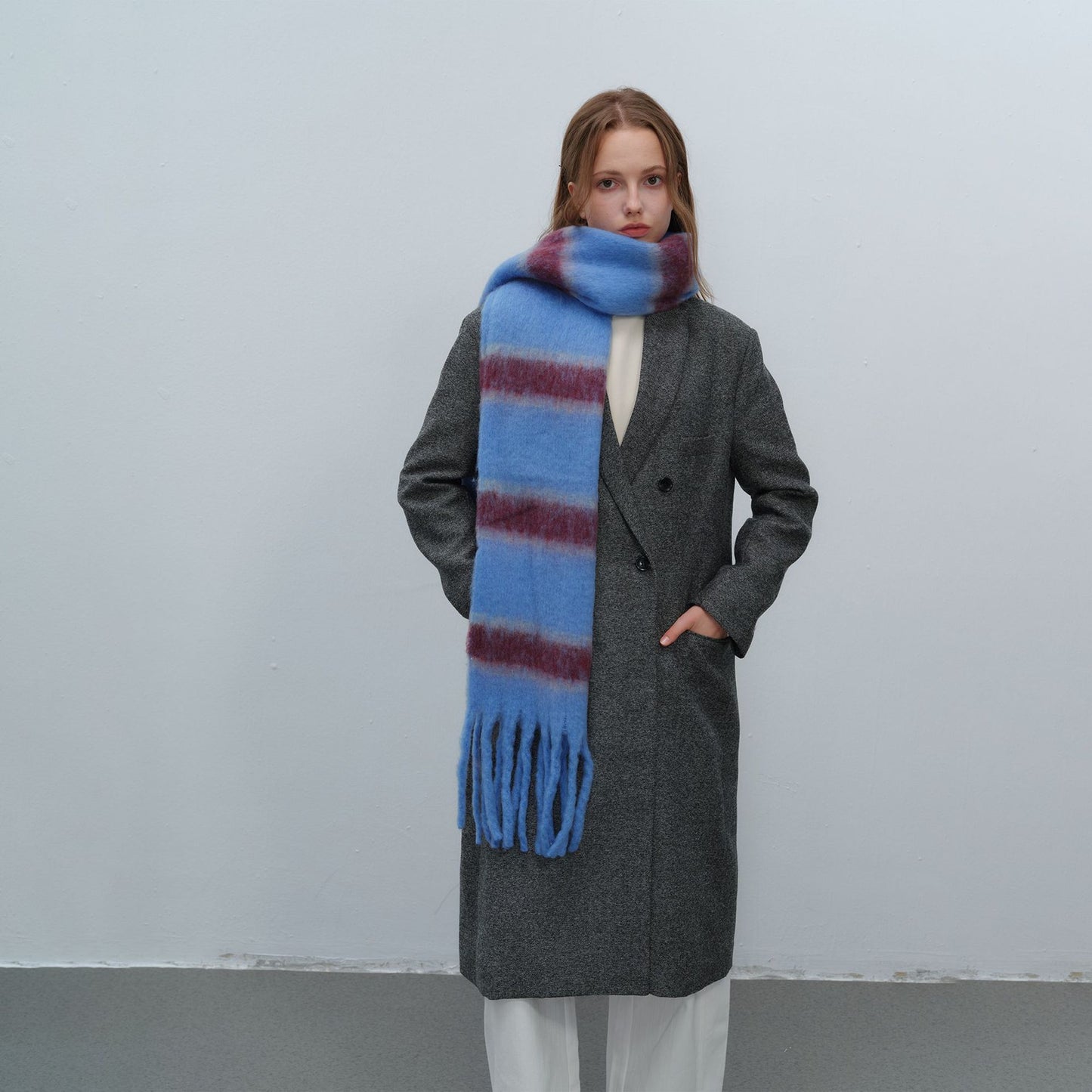 Thickened Warm Simple Striped Imitation-mohair Plaid Scarf