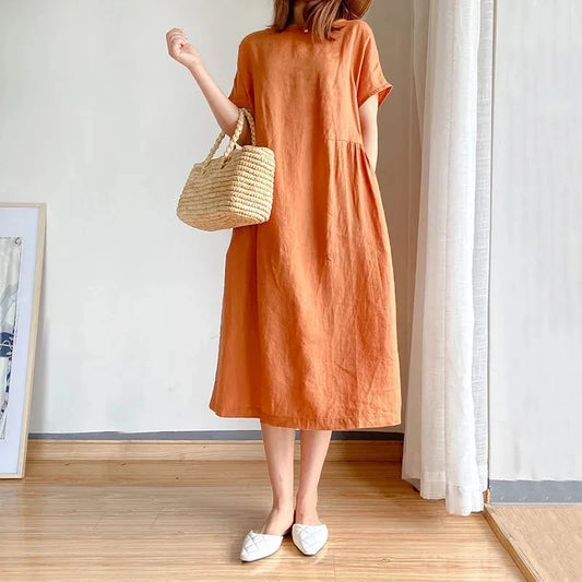 Orange Casual Chic O-Neck Loose Pullover Korean Mid-Calf Spring Midi Dresses