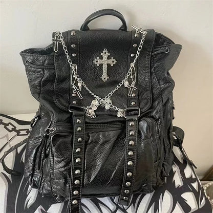 Y2K Girls Soft Leather Punk Skull Cross Chain Korean Style Gothic Backpack Bag