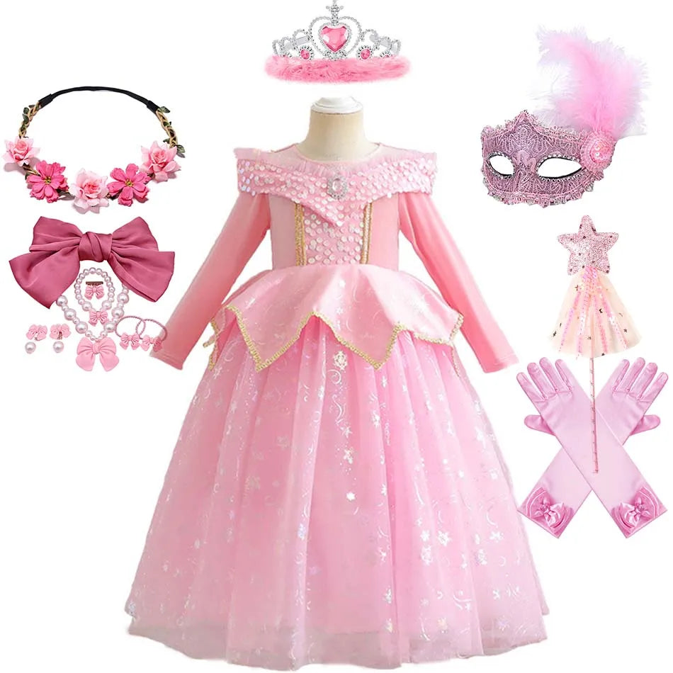 Pink Sleeping Beauty Aurora Cosplay Spring Autumn Birthday Party Elegant Princess Kid Costume