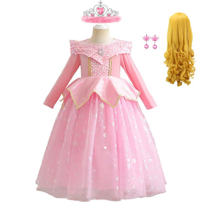 Pink Sleeping Beauty Aurora Cosplay Spring Autumn Birthday Party Elegant Princess Kid Costume