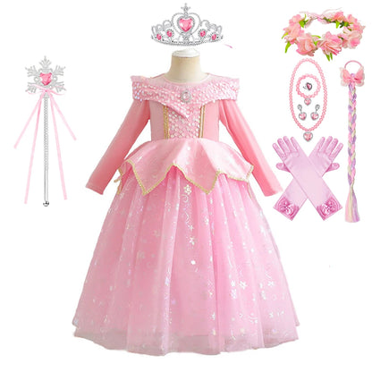 Pink Sleeping Beauty Aurora Cosplay Spring Autumn Birthday Party Elegant Princess Kid Costume